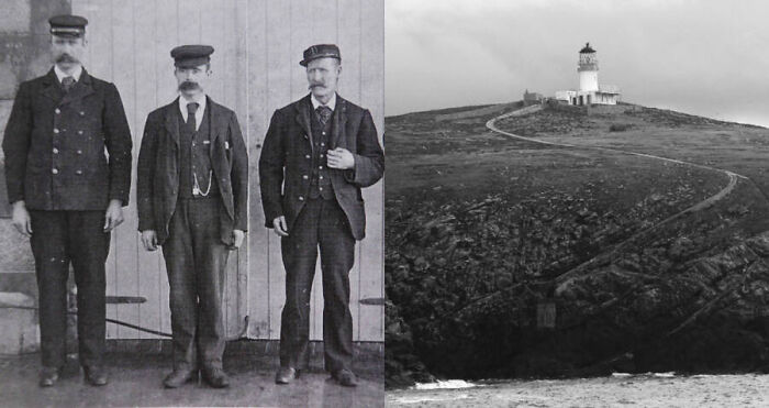 Three old-time men in uniform beside a remote lighthouse on rocky terrain, illustrating mysterious events and urban myths.