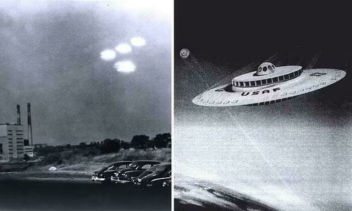 Black and white images showing mysterious glowing UFO lights over cars and a fictional USAF flying saucer in the sky.