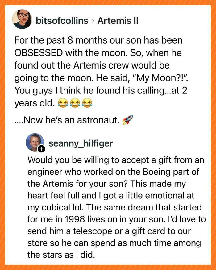 Social media post sharing a heartwarming story about a child's moon obsession inspiring positivity and dreams of space exploration.