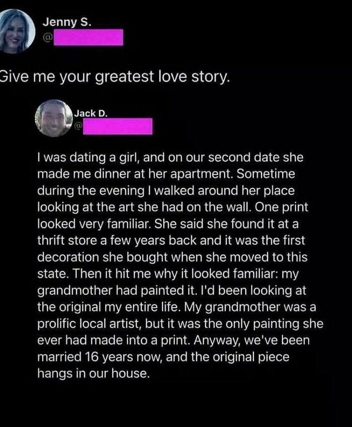 Conversation thread sharing a heartwarming love story, fitting for posts that might inject positivity into your life.