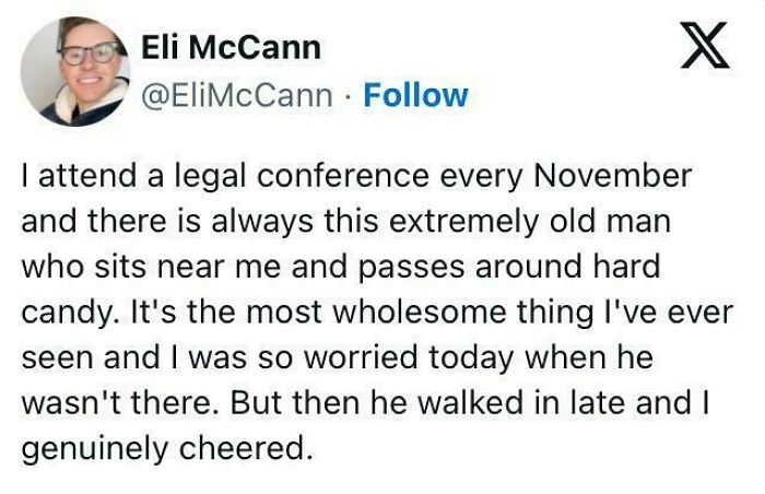 Tweet about a heartwarming moment at a legal conference spreading positivity and kindness with hard candy.