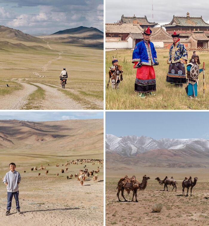 Breathtaking travel photos showing various scenes: a cyclist on a dirt road, people in traditional attire, a boy with sheep, and camels in front of snowy mountains.