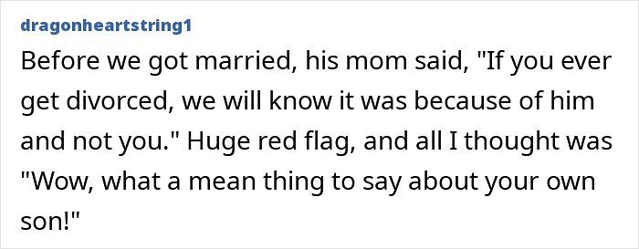 A Reddit post discussing a mother's red flag: her saying her son would be blamed for divorce. People share red flags that made them end things.