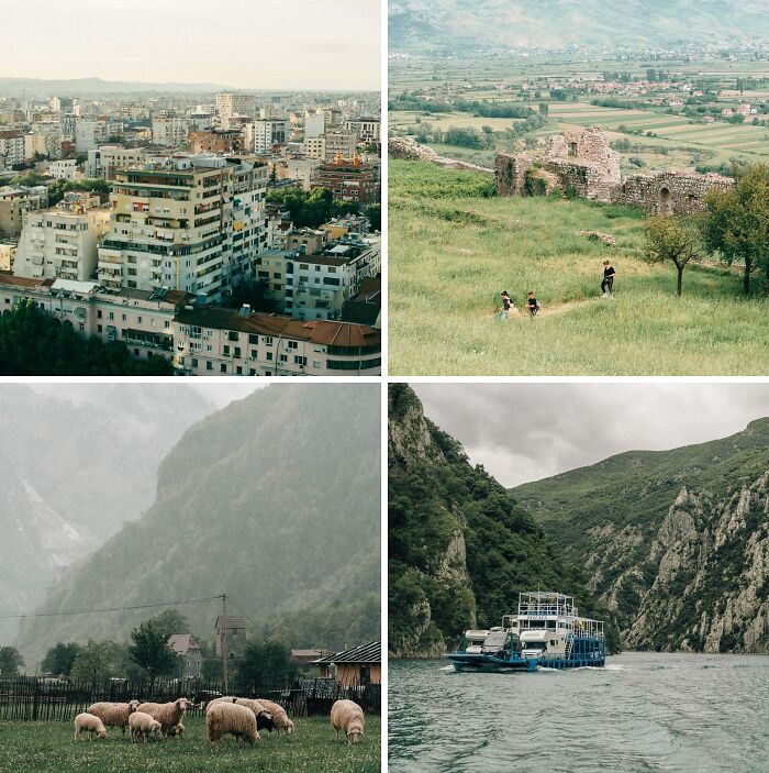 Breathtaking travel photos showcasing cityscapes, historic ruins, sheep grazing, and a boat on a beautiful lake.