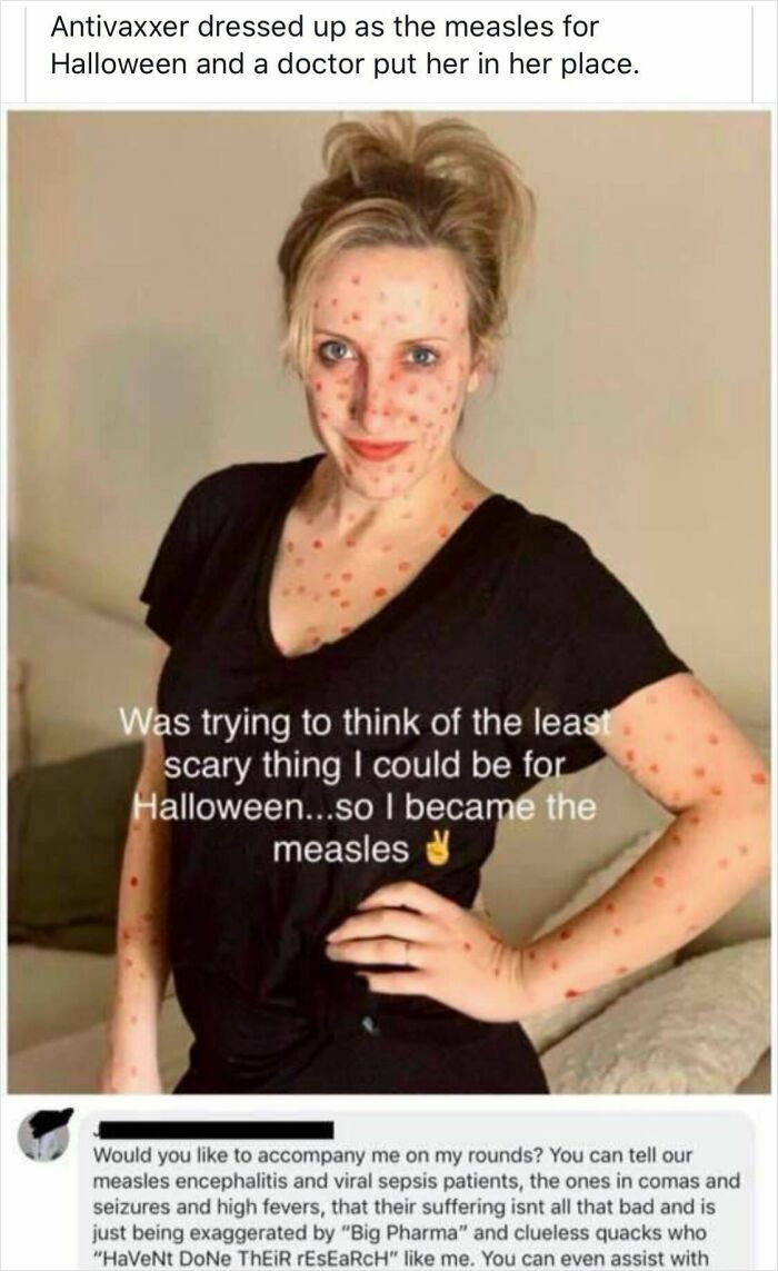Woman dressed as measles for Halloween, highlighted in a post about irresponsible and toxic mothers causing outrage.