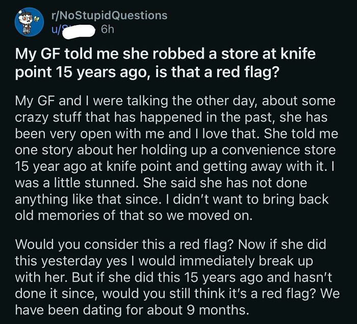 A Reddit post asking if a GF robbing a store 15 years ago is a red flag, concerning relationship red flags.