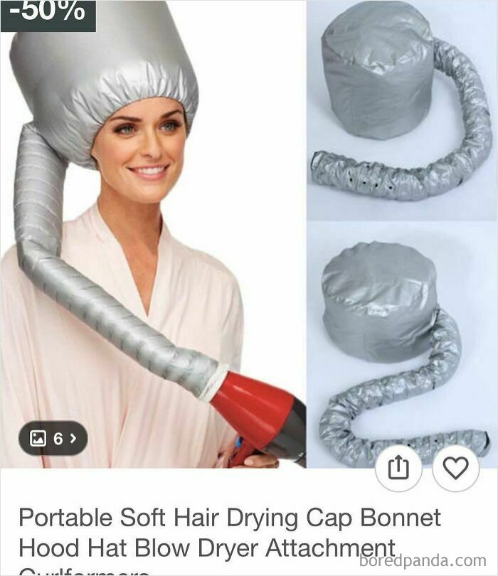 Woman using a portable soft hair drying cap bonnet with blow dryer attachment, an unusual shopping find on Wish.