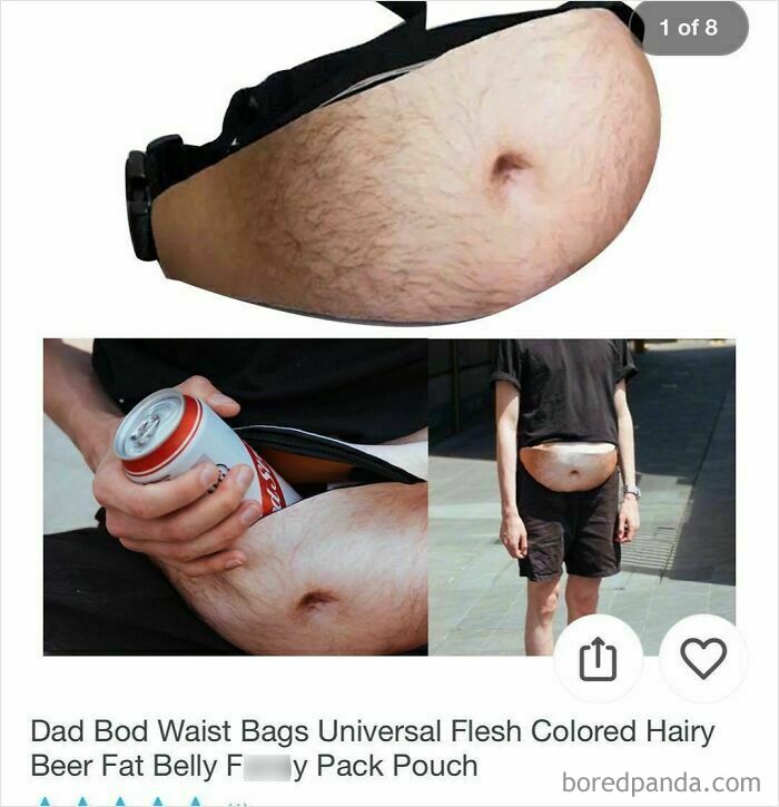 Flesh-colored dad bod waist bag designed to look like a hairy beer belly, featured in shocking Wish shopping finds.