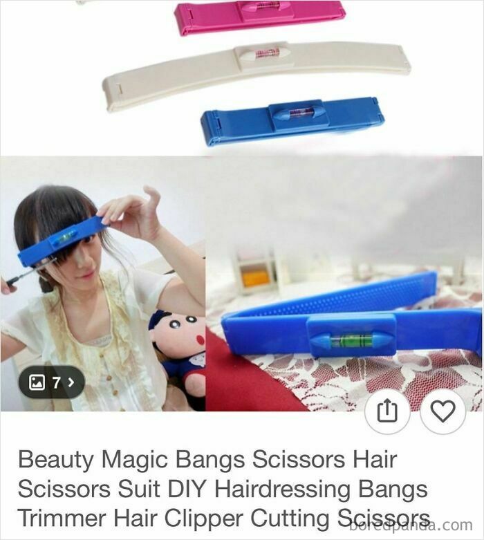 Beauty magic bangs scissors with built-in level, an unusual DIY hairdressing tool from Wish shoppers.