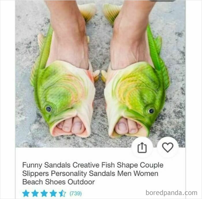 Feet wearing creative fish-shaped sandals, a surprising and funny product found while shopping on Wish.