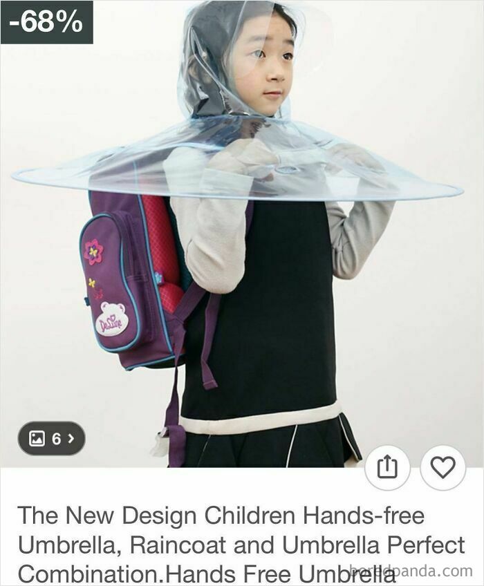 Child wearing a hands-free umbrella raincoat accessory while shopping, showing unbelievable and unusual Wish product design.