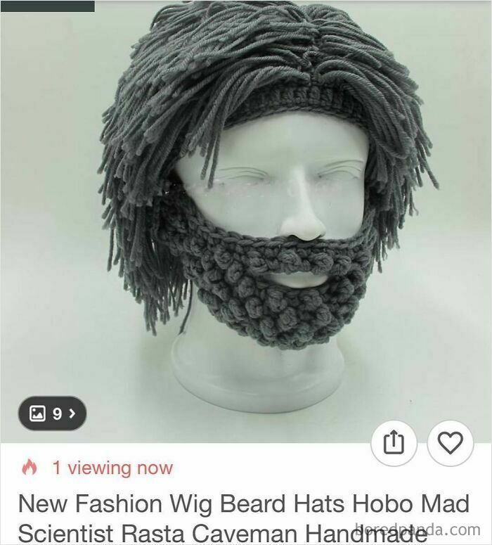 Mannequin wearing a handmade wig beard hat, a surprising and unusual product found while shopping on Wish.