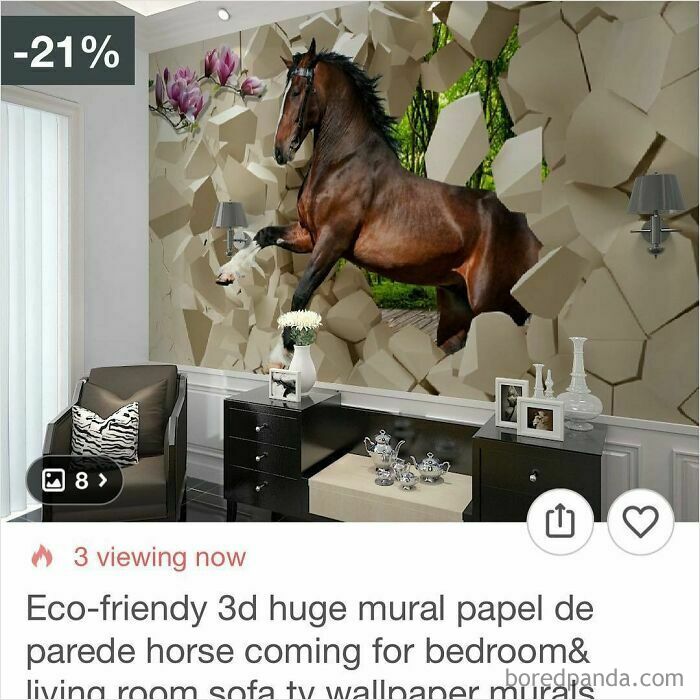 3d horse mural wallpaper breaking through wall in living room, surprising Wish shoppers with unique decor design.