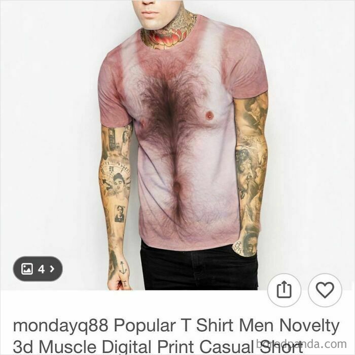 Man wearing a novelty 3d muscle digital print T-shirt that surprises shoppers on Wish.