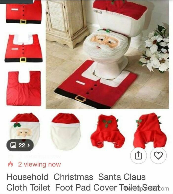Santa Claus toilet cover and foot pad set in red, a surprising household item found while shopping on Wish.