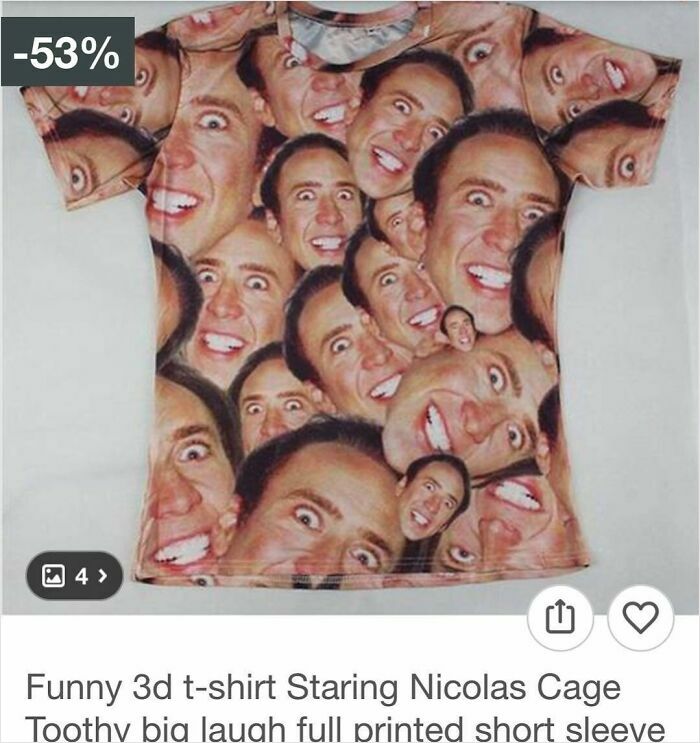 Funny 3D t-shirt with multiple staring Nicolas Cage faces, a surprising find while shopping on Wish.