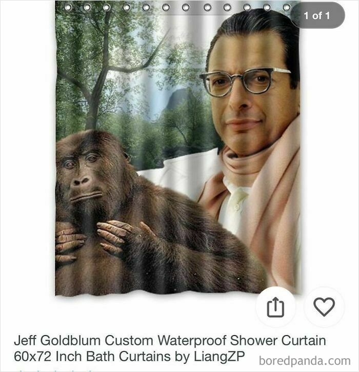 Shower curtain with a surprising Jeff Goldblum and gorilla print, capturing moments people couldn’t believe while shopping on Wish.
