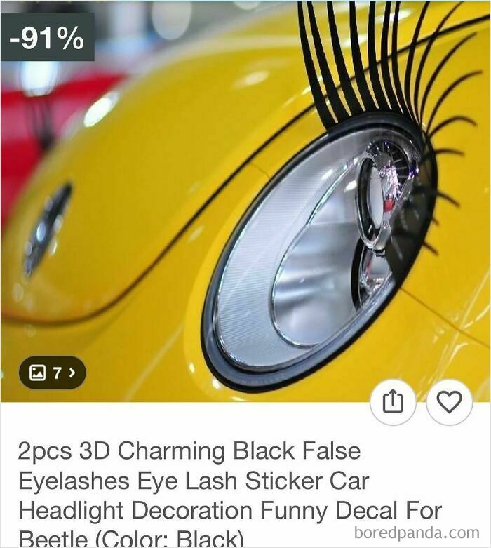 Car headlight decorated with 3D black false eyelashes, a surprising and funny Wish shopping find.