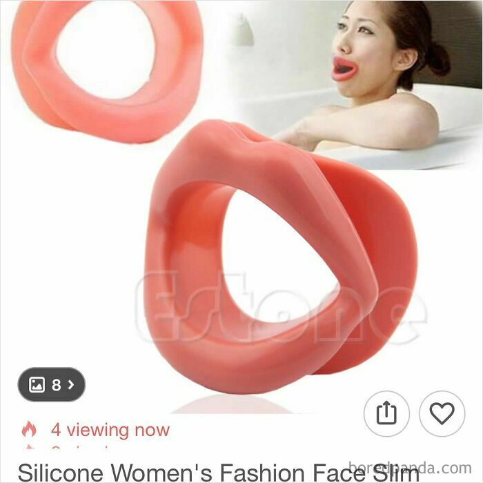 Silicone lip-shaped face shaper worn by a woman, showcasing a quirky and unusual shopping item on Wish.