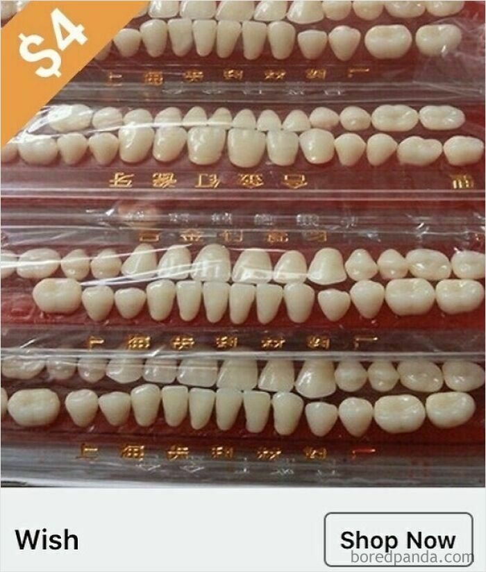 Various sets of artificial teeth displayed for sale at $4 each on Wish, surprising shoppers with the unusual product choice.