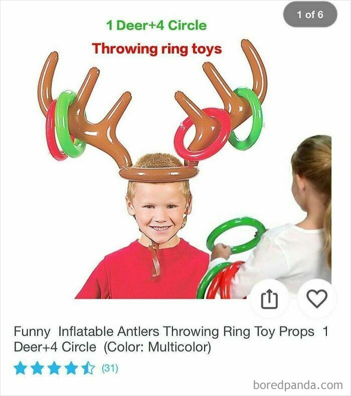 Child wearing inflatable deer antlers playing a throwing ring toy game, a surprising find while shopping on Wish.