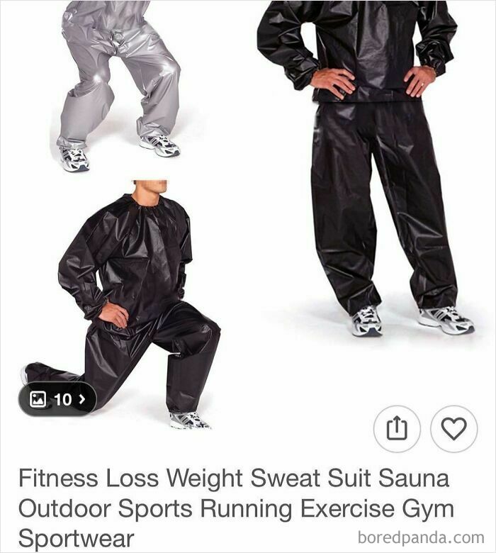 Man wearing black and silver sweat suit sauna gear for weight loss and outdoor sports exercise on Wish shopping site.