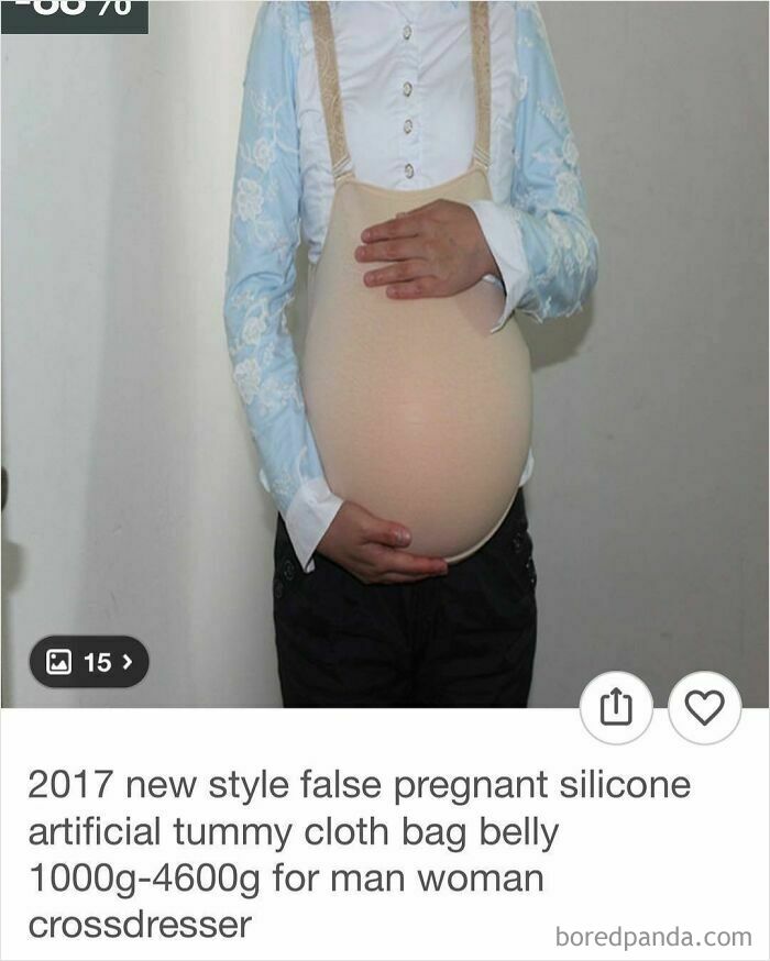 Person wearing a false pregnant silicone belly bag, a surprising find while shopping on Wish.