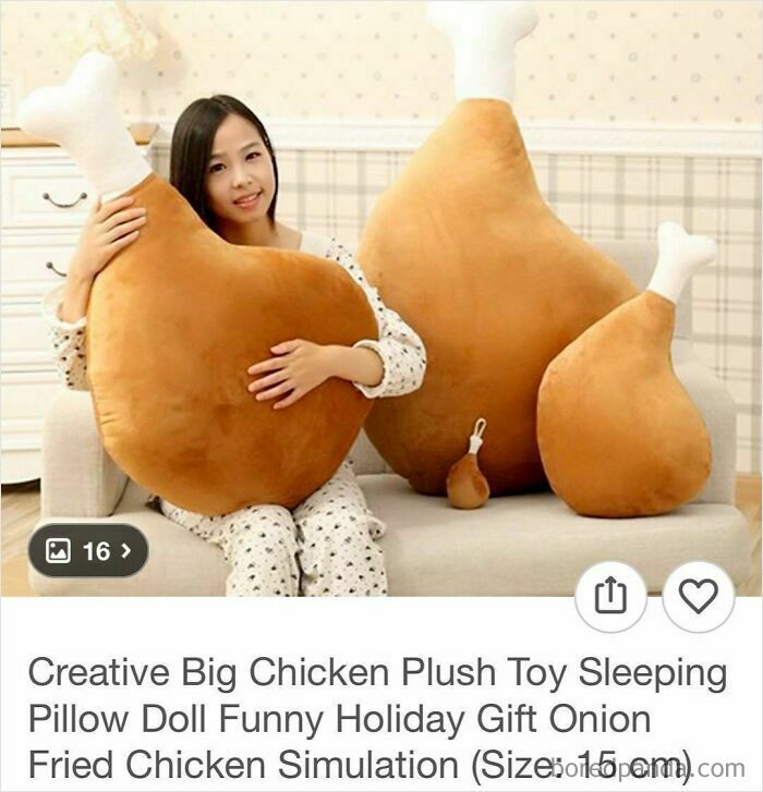 Woman holding large fried chicken plush toy pillow, one of the times people couldn’t believe their eyes shopping on Wish