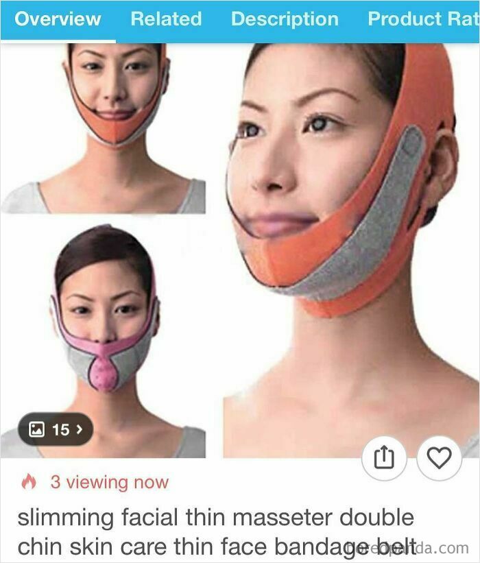 Slimming facial bandage belt for double chin and thin face, shown in orange and pink colors on model faces.