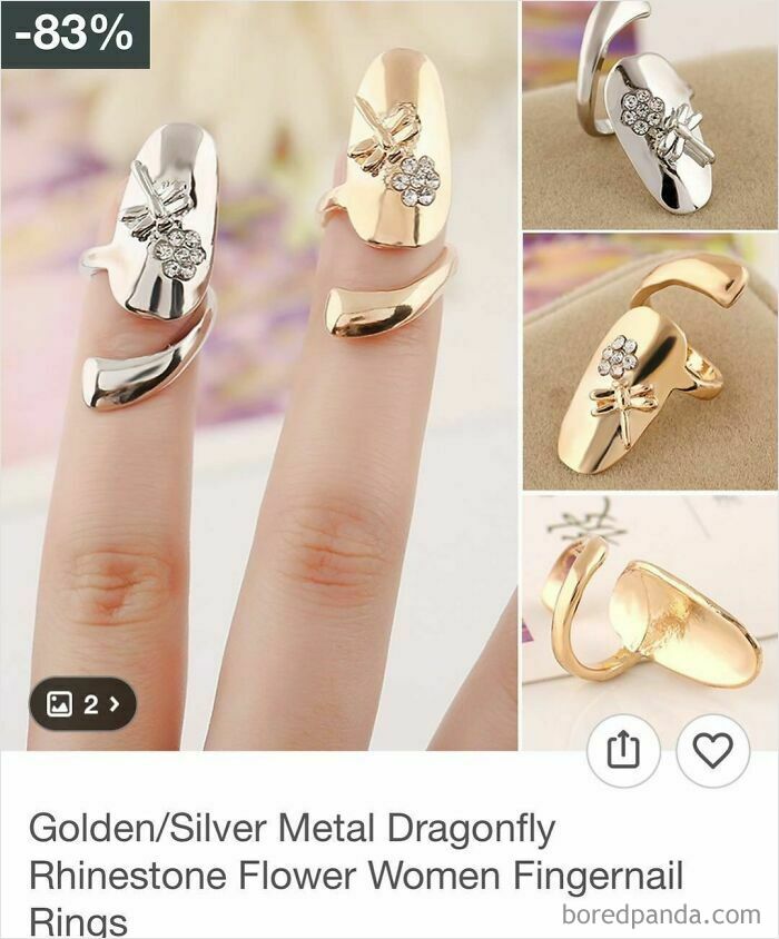 Silver and gold metal dragonfly rhinestone fingernail rings, an unusual and eye-catching Wish shopping find.
