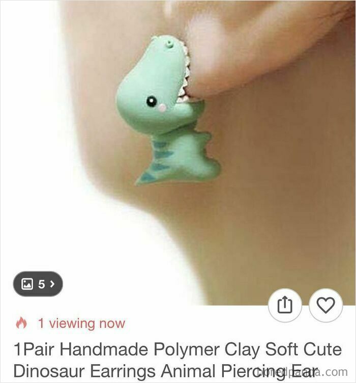 Cute handmade dinosaur earrings made of polymer clay, perfect for Wish shoppers surprised by unique finds.