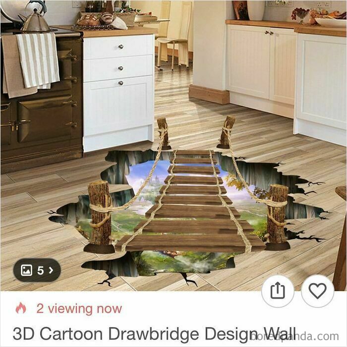 3D cartoon drawbridge floor design creating an optical illusion that surprises people shopping on Wish.