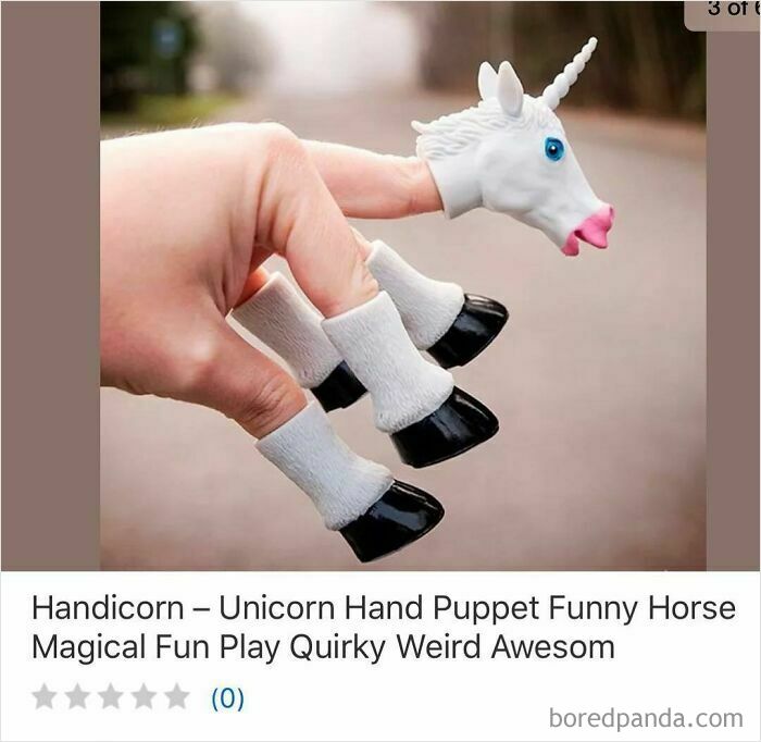 Hand puppet shaped like a quirky unicorn with hooves worn on fingers, showcasing weird finds while shopping on Wish.