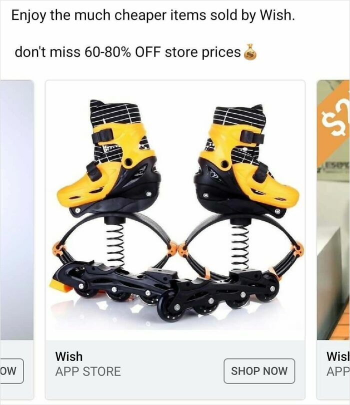 Yellow and black spring-loaded roller skates shown in an online Wish shopping app ad with discounts on store prices.