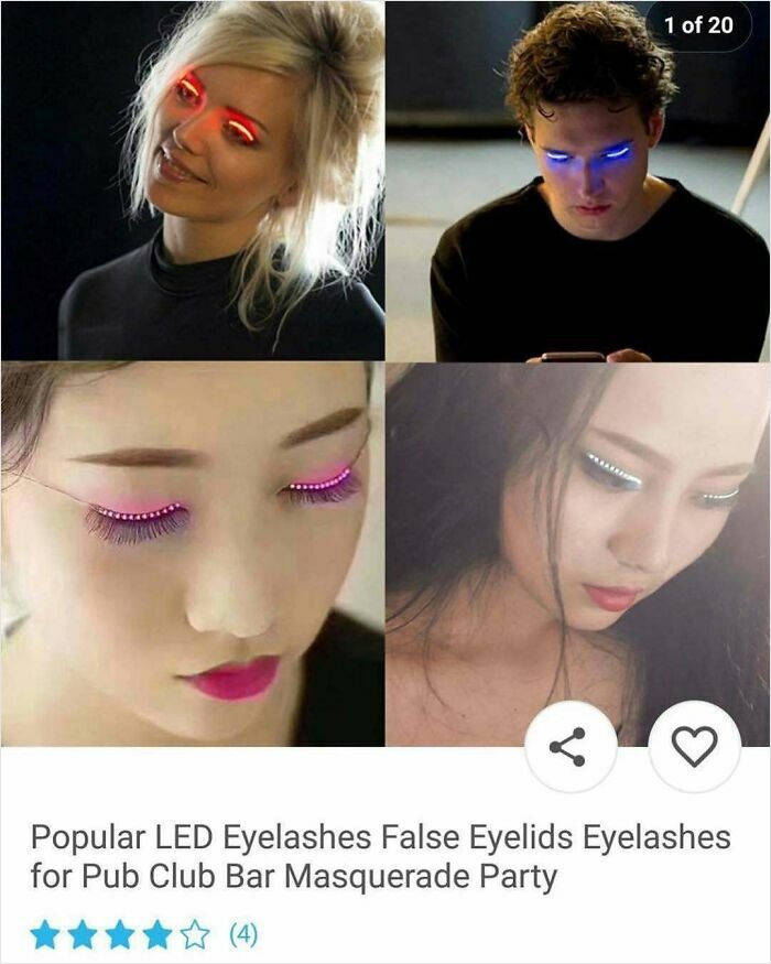 People showcasing colorful LED eyelashes with glowing red, blue, pink, and white lights, trending on Wish shopping.