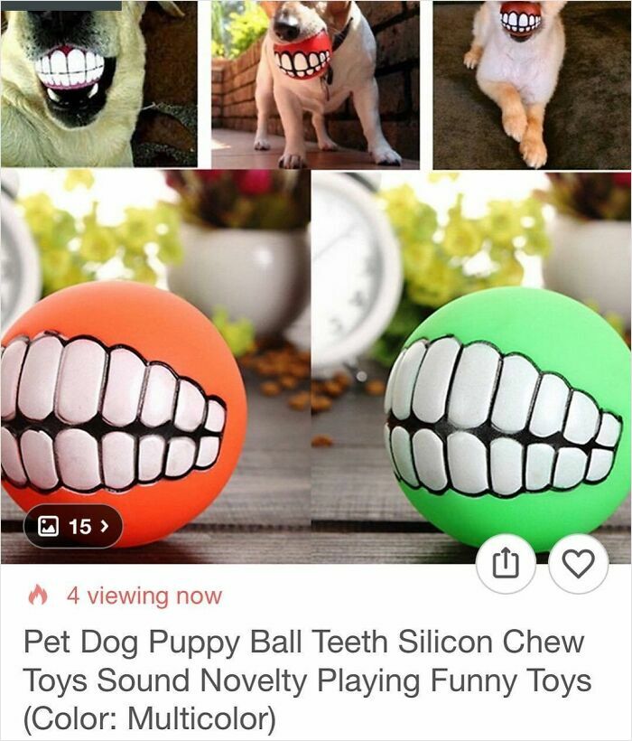 Colorful dog chew toys with funny teeth design, a shocking Wish shopping find that surprises pet owners and shoppers alike.