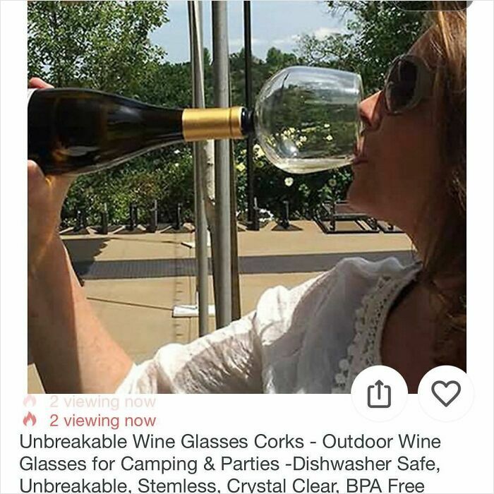 Woman drinking from a wine glass attached to a wine bottle cork, a surprising find while shopping on Wish.