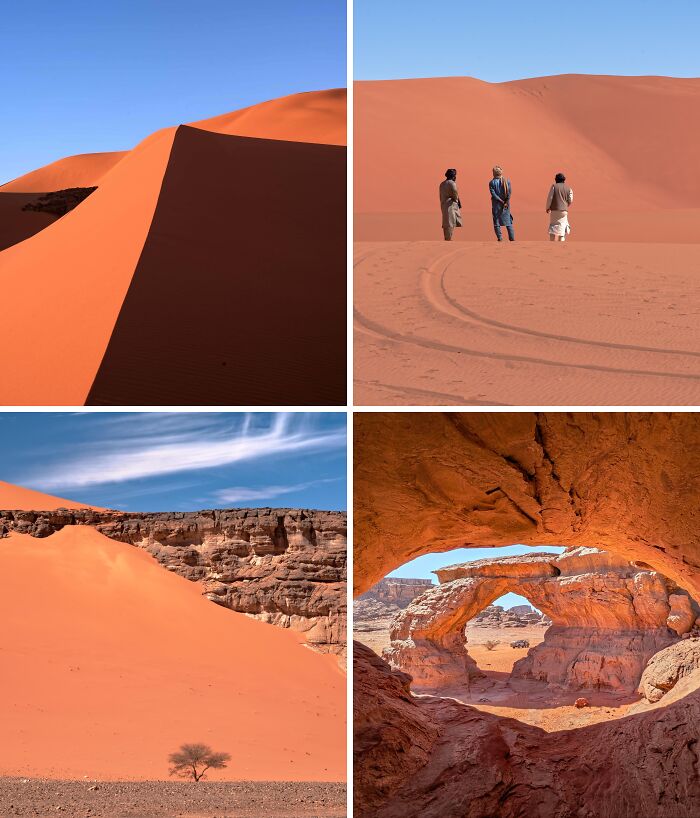 Breathtaking travel photos showcasing vast orange sand dunes, desert travelers, and stunning rock formations under a blue sky.