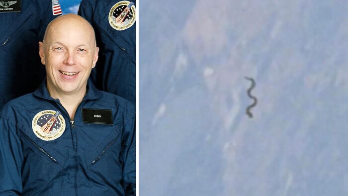 Smiling astronaut in blue suit beside blurry image of a mysterious floating object symbolizing urban myths and events.