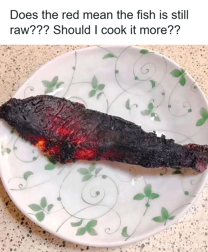Burnt fish on a plate with caption questioning if the red color means the fish is still raw in internet memes.