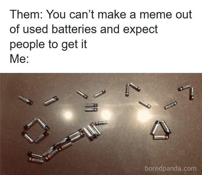 Batteries arranged to form recycling symbols, highlighting memes and reasons people pay for the internet.