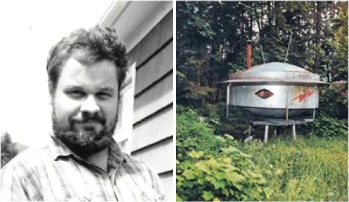 Black and white photo of a man with a beard beside an unusual UFO-shaped object in a forest, linked to mysterious events.