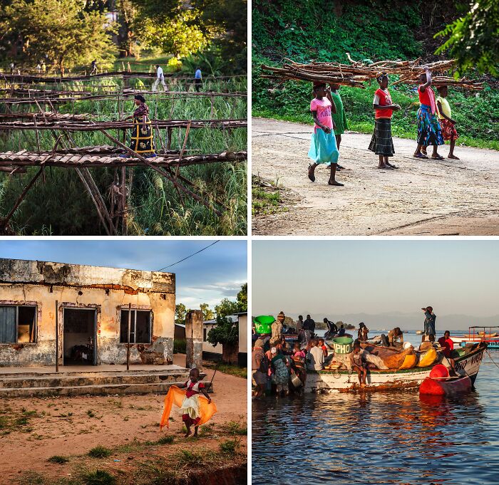 Breathtaking travel photos showcasing daily life: women crossing a bridge, carrying firewood, a child dancing, and people on a boat.