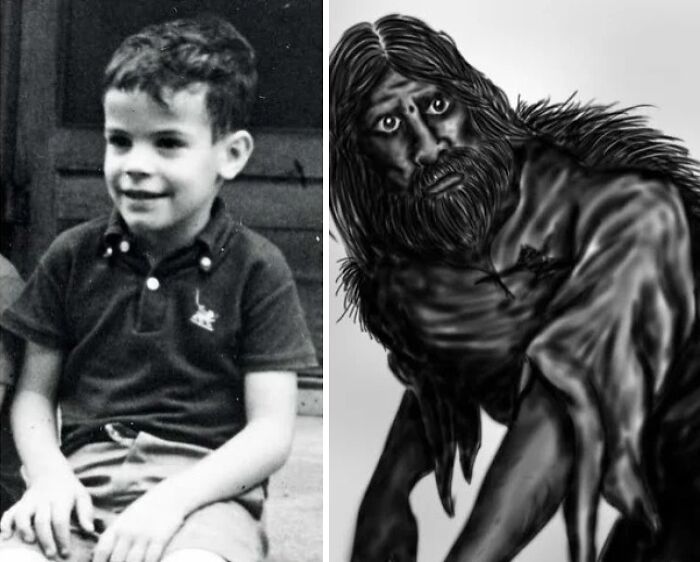 Black and white photo of a boy next to an artistic depiction of a mysterious urban myth creature.