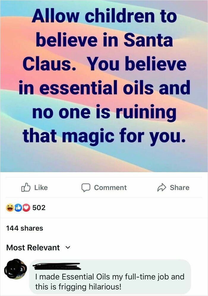 Text on a pastel background about allowing children to believe in Santa Claus contrasted with essential oils in toxic and irresponsible mothers context.