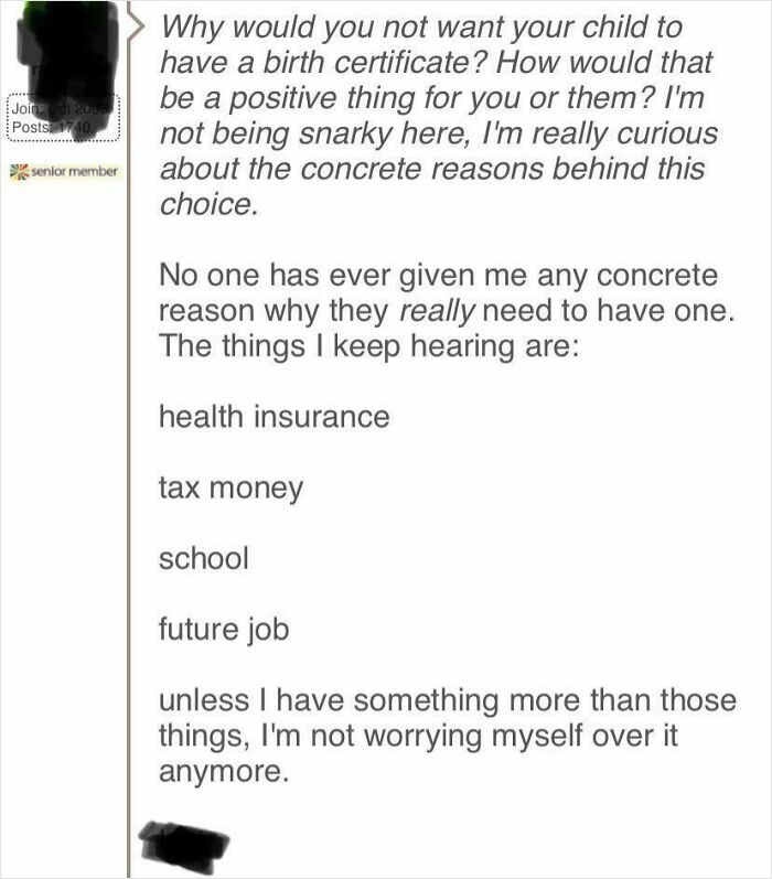 Forum post questioning reasons for not wanting a child to have a birth certificate, showing toxic and irresponsible mother behavior.