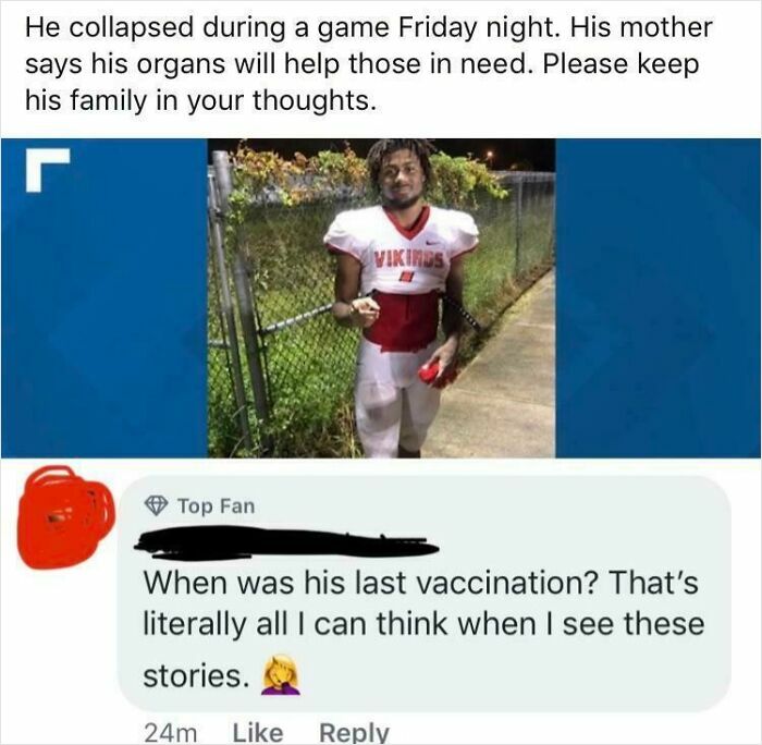 Teenage football player in uniform stands by fence after collapse, with a comment questioning vaccination, showing toxic mother behavior.