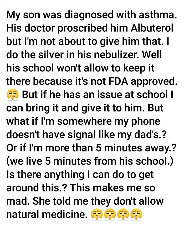 Facebook post from an irresponsible toxic mother refusing prescribed asthma medicine for her son, causing school issues.