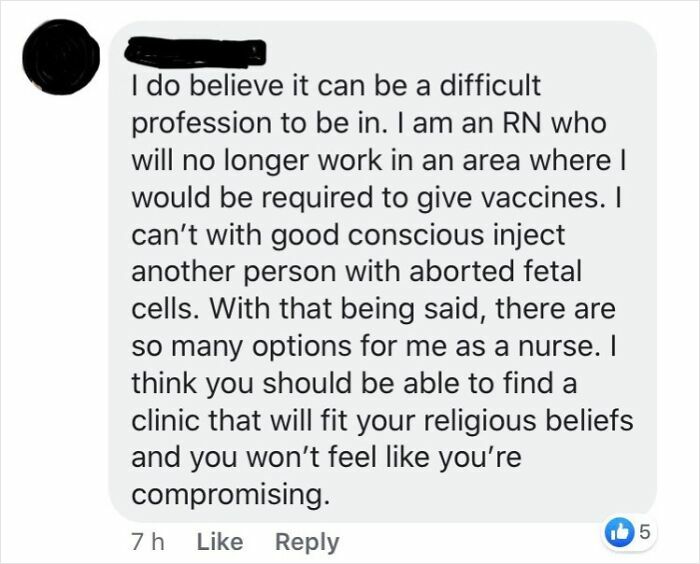 Comment from an RN explaining refusal to give vaccines linked to aborted fetal cells, highlighting personal beliefs and professional options.