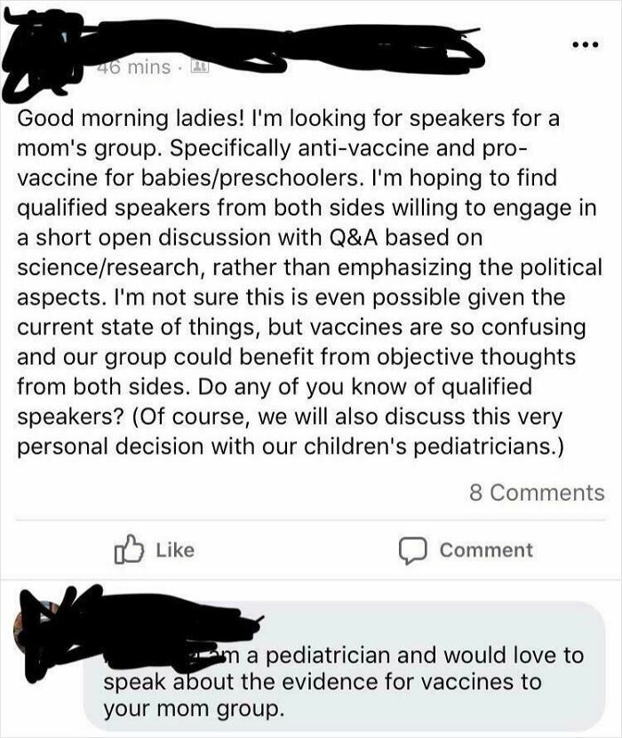 Social media post showing a mom looking for vaccine speakers, highlighting irresponsible and toxic mother behavior.